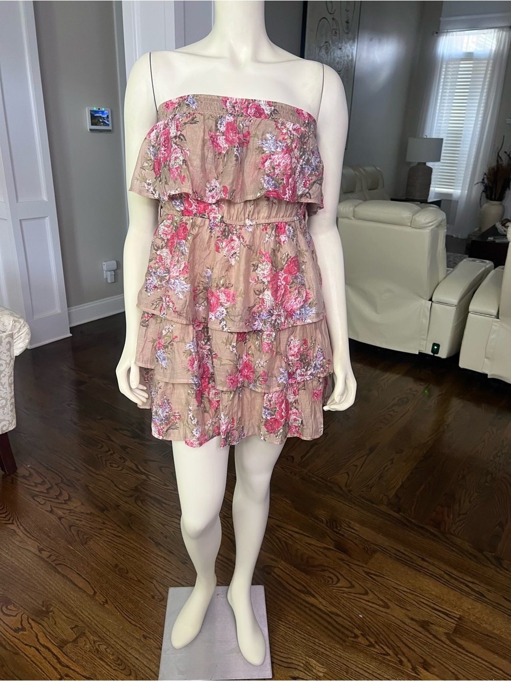 Body Central Strapless Ruffled Floral Mini Dress in Taupe and Pink